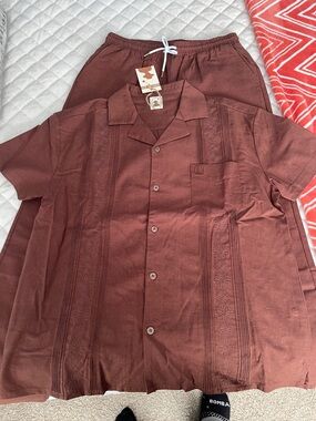 Dandy Del Mar Mens Brown Linen Set Short-Sleeve Cuban Shirt and Pants